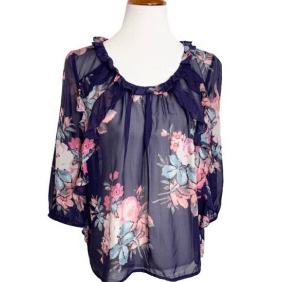 Anthropologie Leifsdottir Blue Floral Silk Top Size 8 - Picture 2 of 8